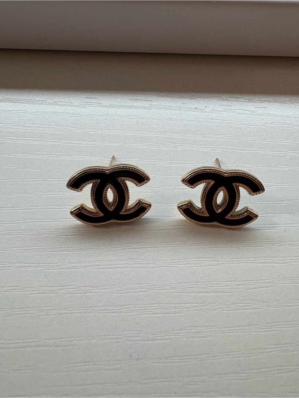 Authentic Chanel 24C Black Enamel & Gold CC Logo Stud Earrings